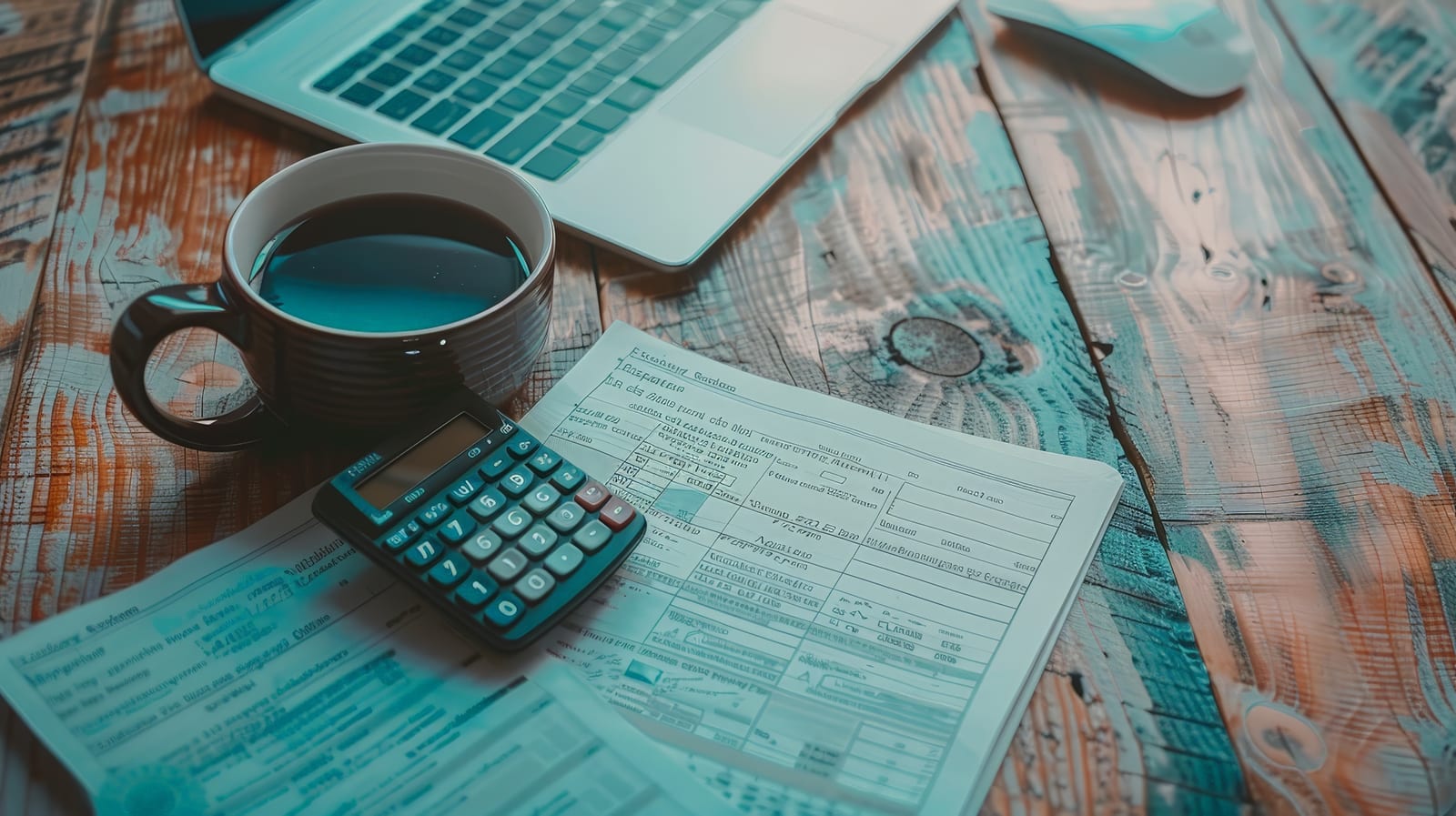 A calculator, ledger, laptop and coffee on a desk