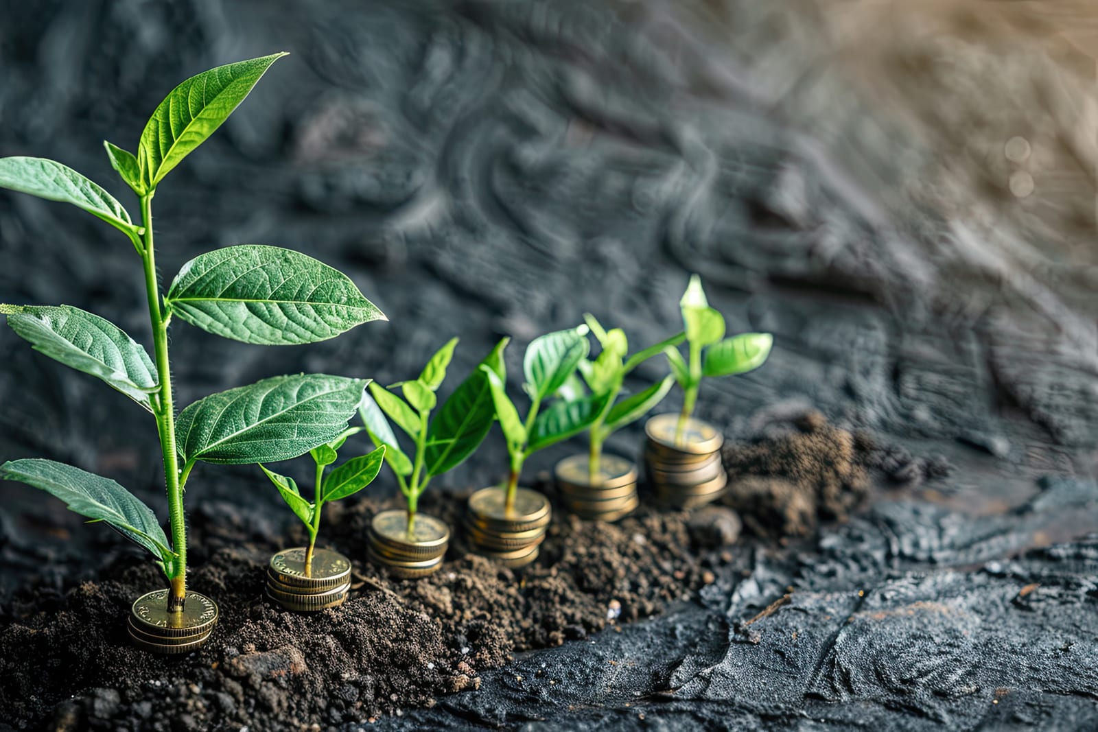 Seedlings growing beside ascending stacks of coins