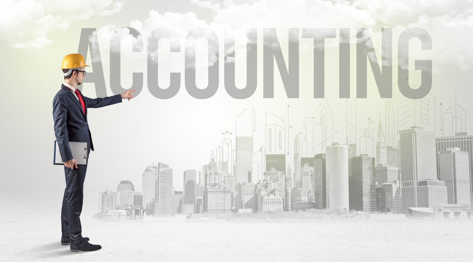 Construction accounting illustration with a hard hat and city skyline