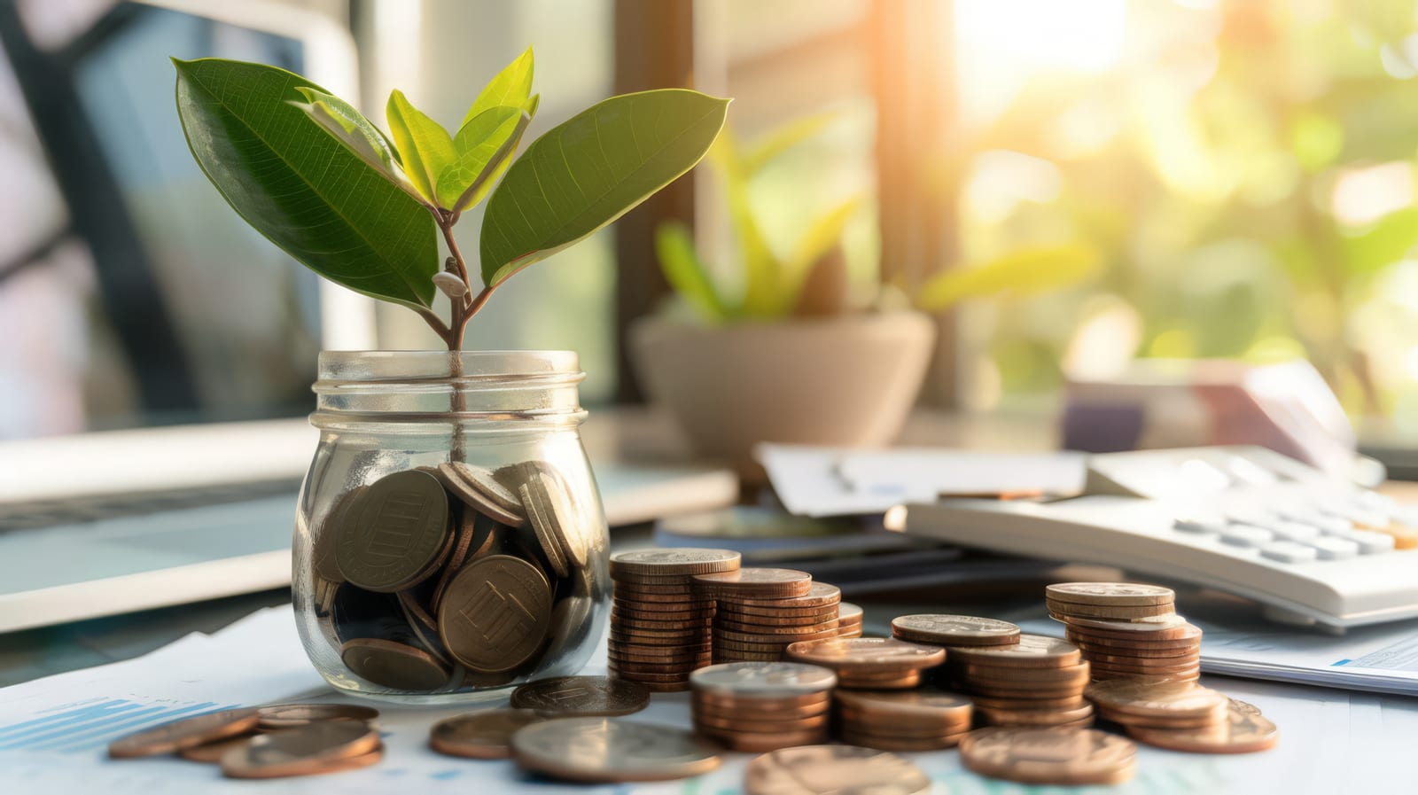 A seedling growing in a jar of coins beside a calculator