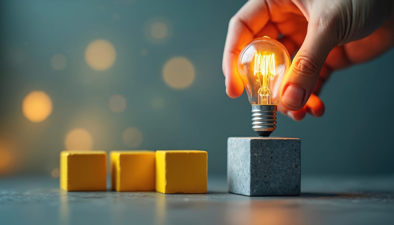 A hand placing a light bulb above ascending blocks