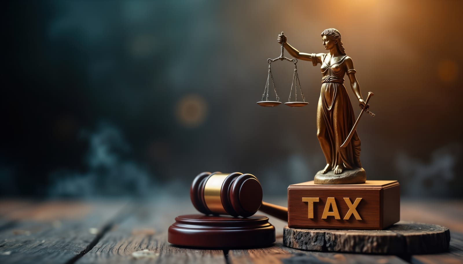 Tax illustration with scales of justice and a gavel
