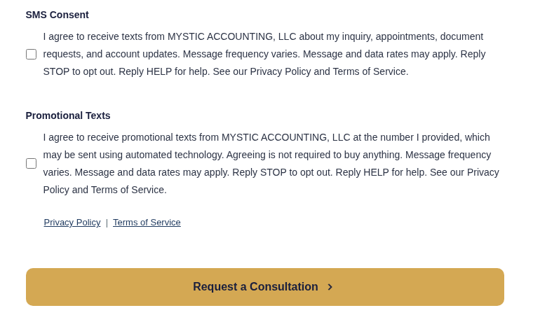 The contact form on a desktop browser, showing the two unchecked text message boxes, the Privacy Policy and Terms of Service links, and the submit button