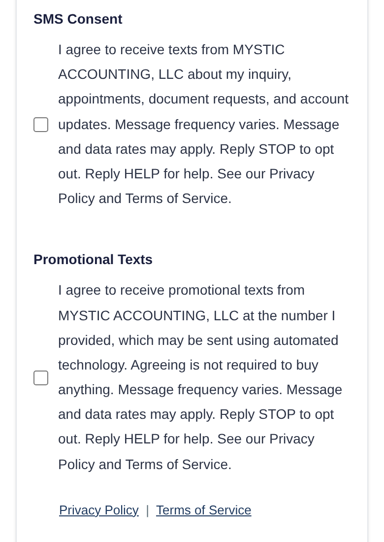 The contact form on a phone, showing the two unchecked text message boxes, the Privacy Policy and Terms of Service links, and the submit button